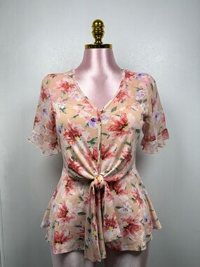 Ember Floral Tie Front Peplum Top Size M Short Sleeve Blouse Spring